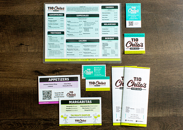 Tio Chilo's redesigned menus, business cards, stickers, and magnets