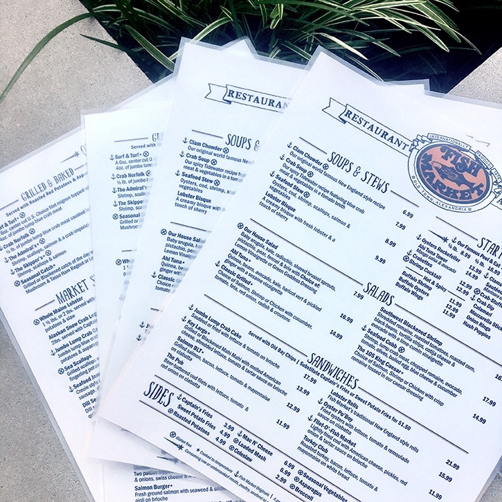 Large laminated menus for the Fish Market Restaurant in Old Town Alexandria