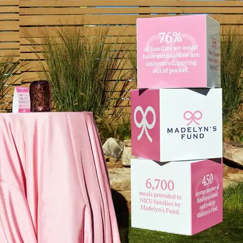 Stacked pink and white boxes share facts about NICU patients and families affected by Madelyn's Fund